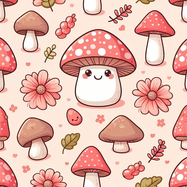 Cute mushroom with flower background seamless pattern