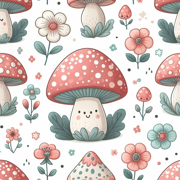 PSD cute mushroom with flower background seamless pattern