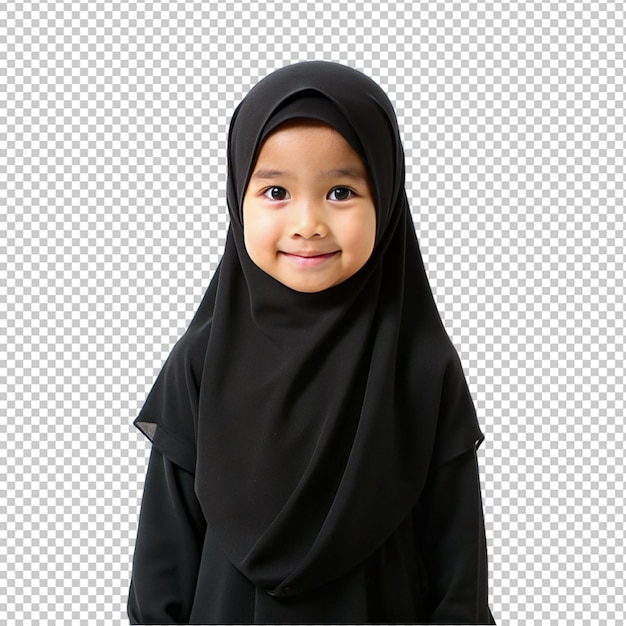 PSD cute muslim child wearing black hijab on transparent background