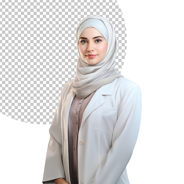 PSD cute muslim doctor in hijab side pose on transparent background