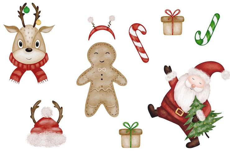 PSD cute new year character collection merry man cozy deer and fun sweets for holiday decor