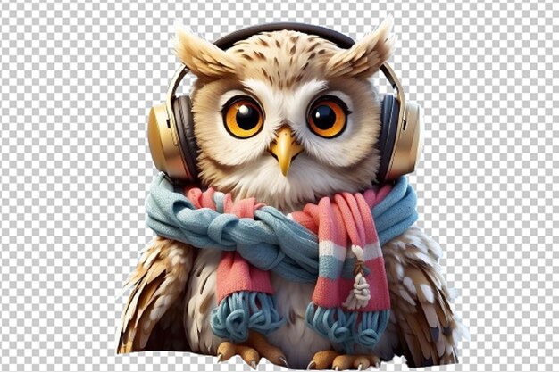 PSD cute owl cartoon wearing a head phone