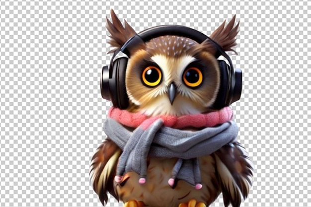 PSD cute owl cartoon wearing a head phone