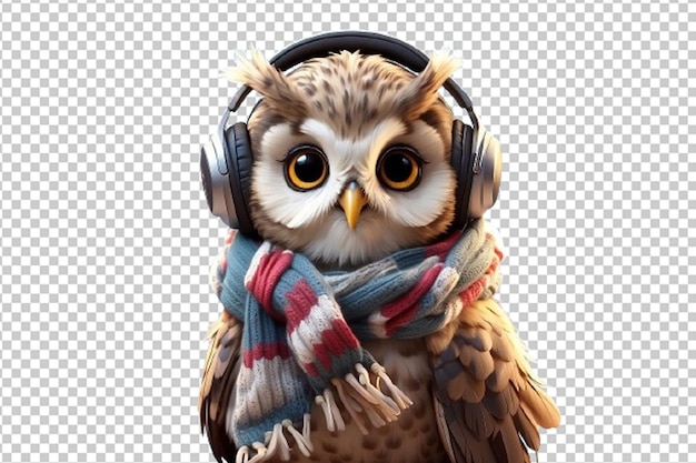 PSD cute owl cartoon wearing a head phone