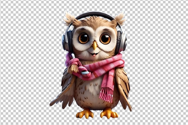 PSD cute owl cartoon wearing a head phone