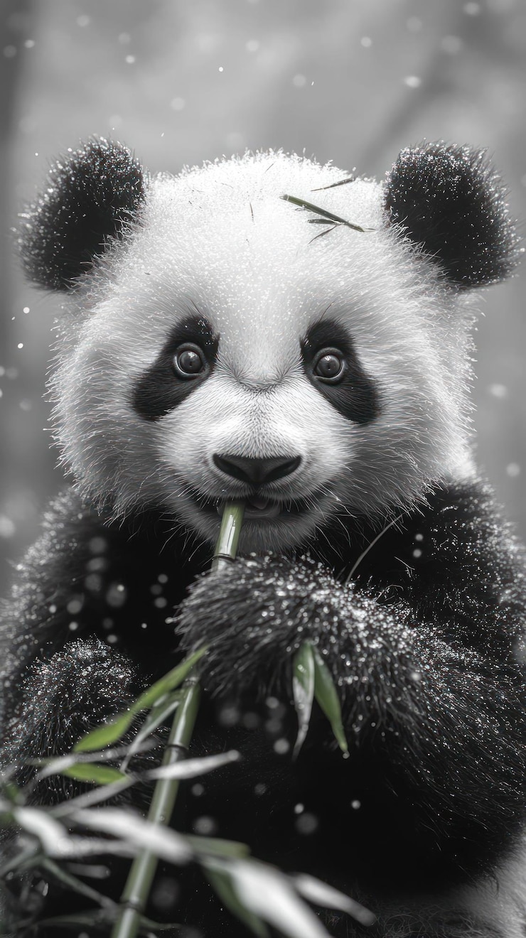 PSD a cute panda bear eats bamboo in the snow