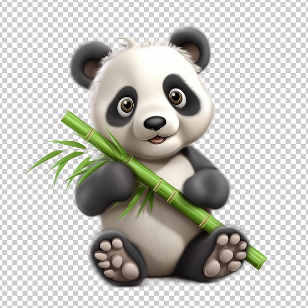 Simpatico panda che tiene bambù stile cartone animato 3d isolato su sfondo trasparente