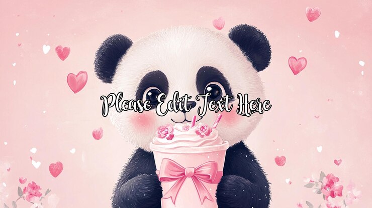 PSD cute panda holding a pink milkshake surrounded by hearts and flowers