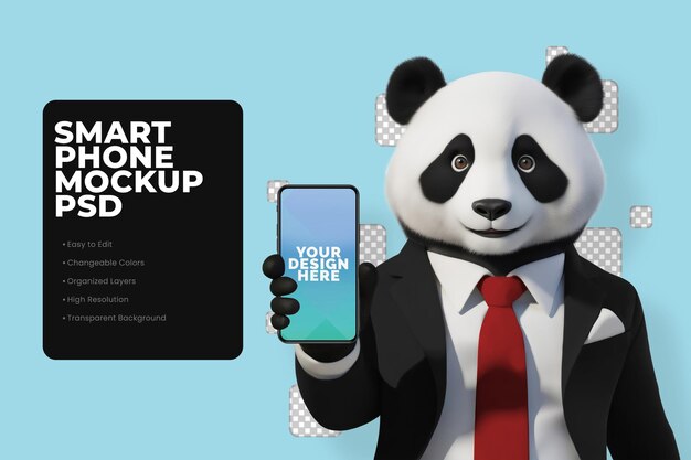 Un panda carino che tiene in mano un modello di smartphone