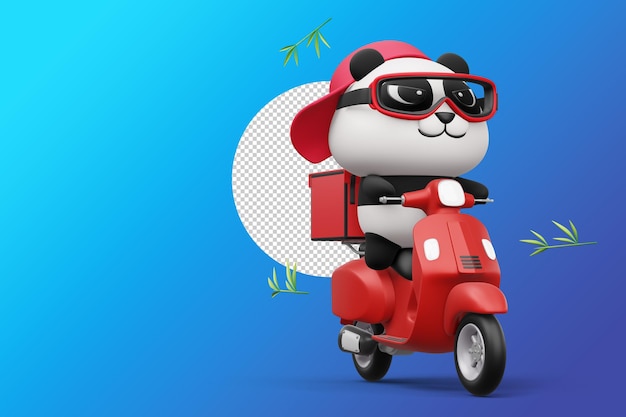 PSD cute panda in sella a una motocicletta panda consegna rendering 3d