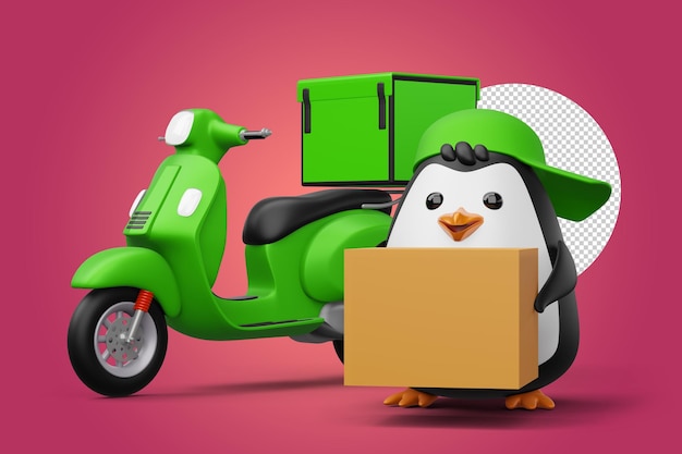 Cute penguin holding a parcel box penguin delivery 3d rendering