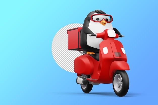 Cute penguin riding scooter penguin delivery 3d rendering