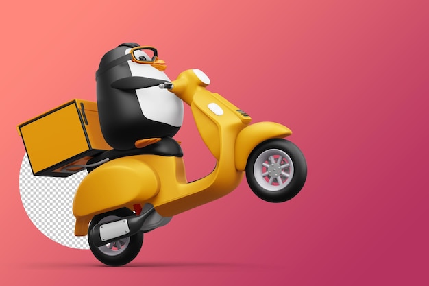 Cute penguin riding scooter penguin delivery 3d rendering