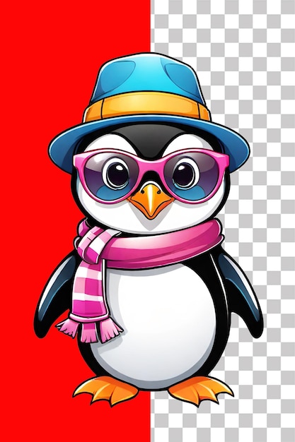 PSD cute penguin wearing winter hat and scarf illustration on transparent background