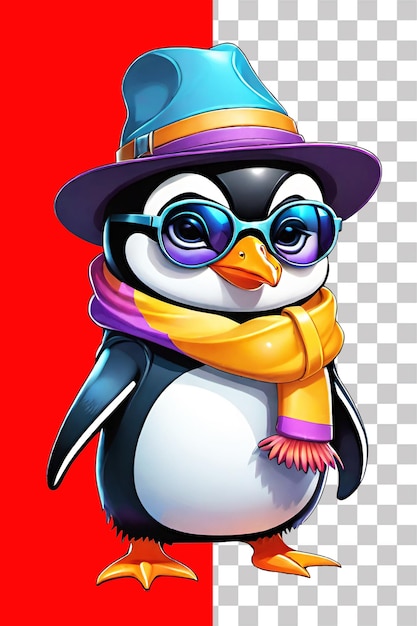 PSD cute penguin wearing winter hat and scarf illustration on transparent background