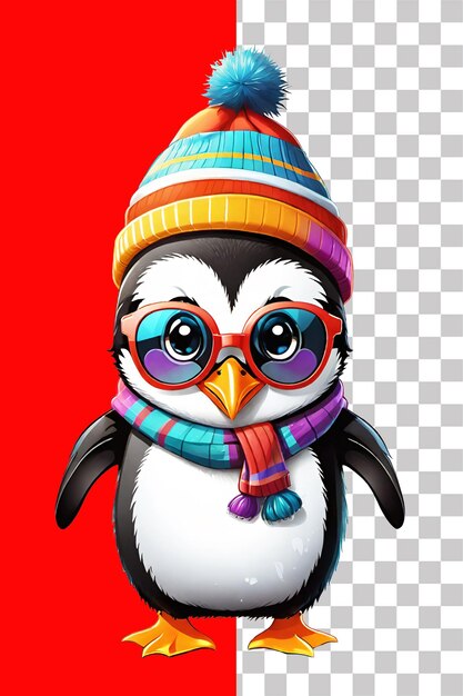 PSD cute penguin wearing winter hat and scarf illustration on transparent background