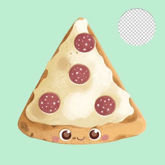 PSD Милая пицца пепперони с глазами на зеленом фоне