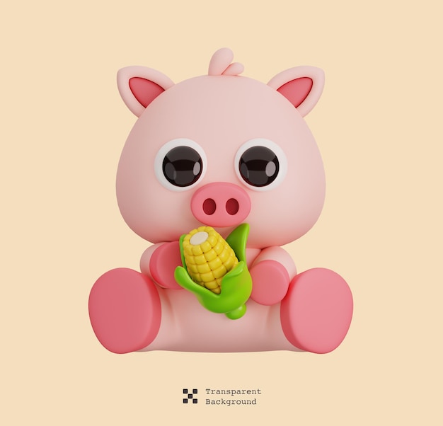 Cute pig holding corn isolated animals and food icon cartoon style concept 3d render illustration