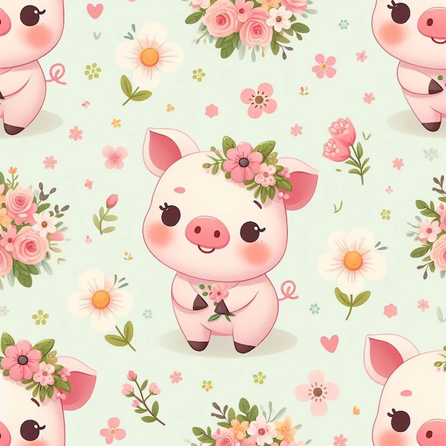 PSD cute pig with flower background seamless pattern