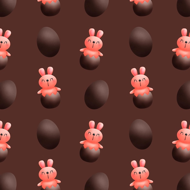PSD Милый розовый кролик и шоколадное яйцо на коричневом фоне с повторяющимся рисунком