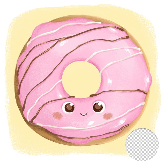 Cute pink donut with eyes on yellow background