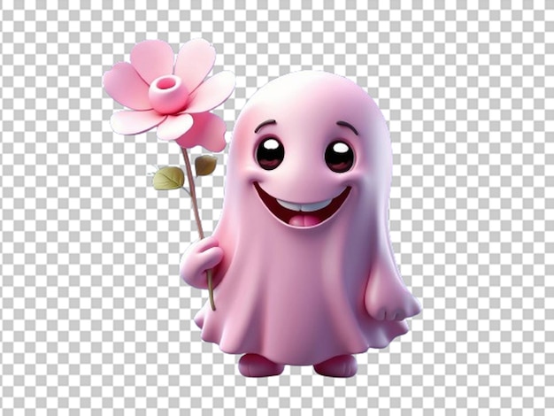 PSD cute pink ghost cartoon holding pink flowers and star stick