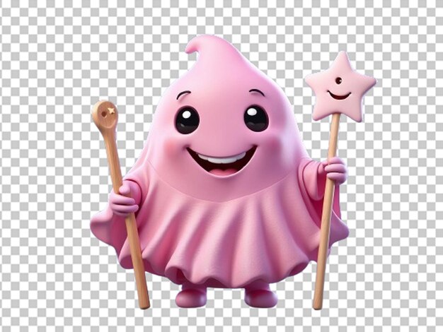 PSD cute pink ghost cartoon holding pink flowers and star stick