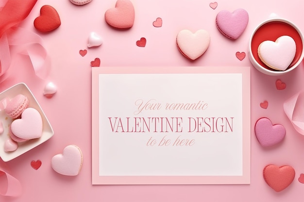 PSD 귀여운 분홍색 발렌타인 데이 포스터 모 ⁇ 과 심장 모양의 마카로니 쿠키 플랫 레이 스타일