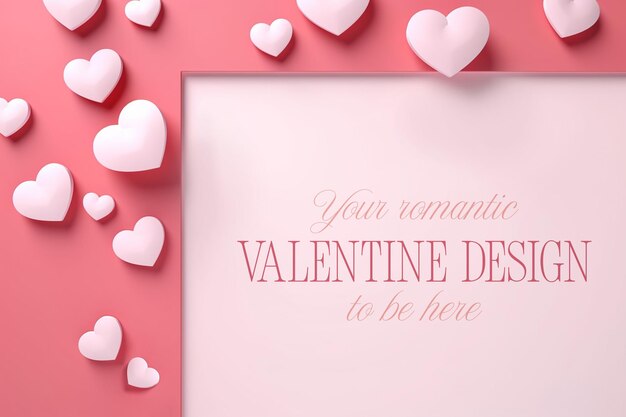 Mockup del poster del giorno di san valentino rosa con cornice di cartone rosa e cuori 3d in stile flat lay