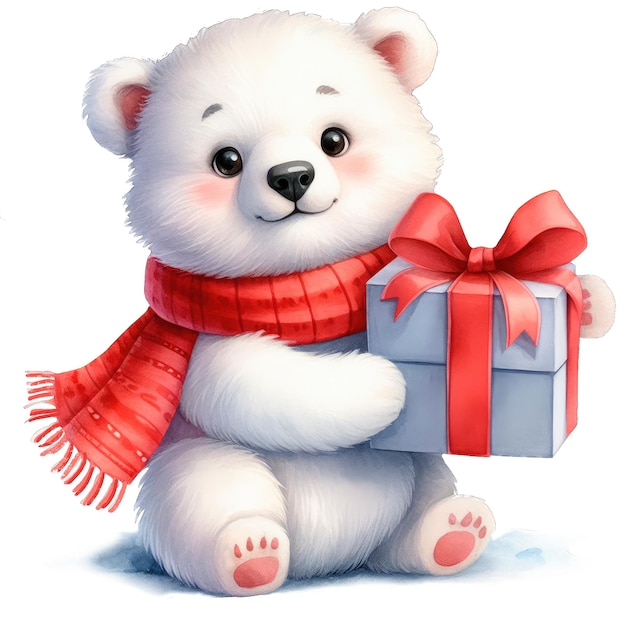 Cute polar bear cub with a gift watercolor illustration