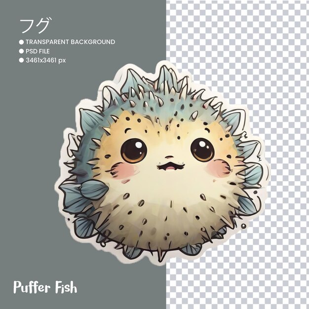 PSD cute puffer fish illustration with transparent background