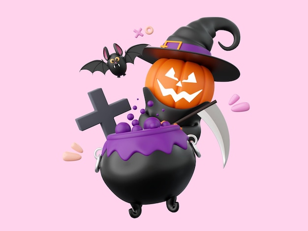 PSD cute pumpkin ghost with poison pot halloween theme elements 3d illustration