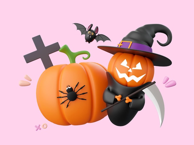 PSD cute pumpkin ghost with spider and bat halloween theme elements 3d illustration