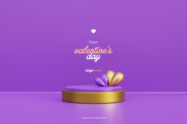 Cute purple podium mockup template with 3d valentine hearts