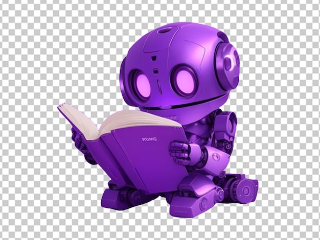 Cute purple robot reading a book