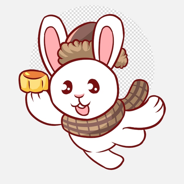 PSD cute rabbit holding tasty moon cake animal mascot design character cartoon