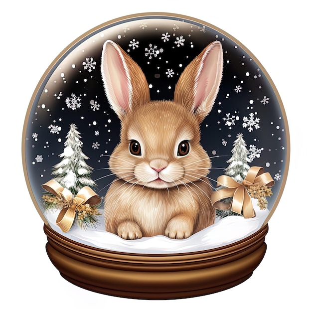 PSD cute rabbit in snow globe with christmas tree and snowflakes