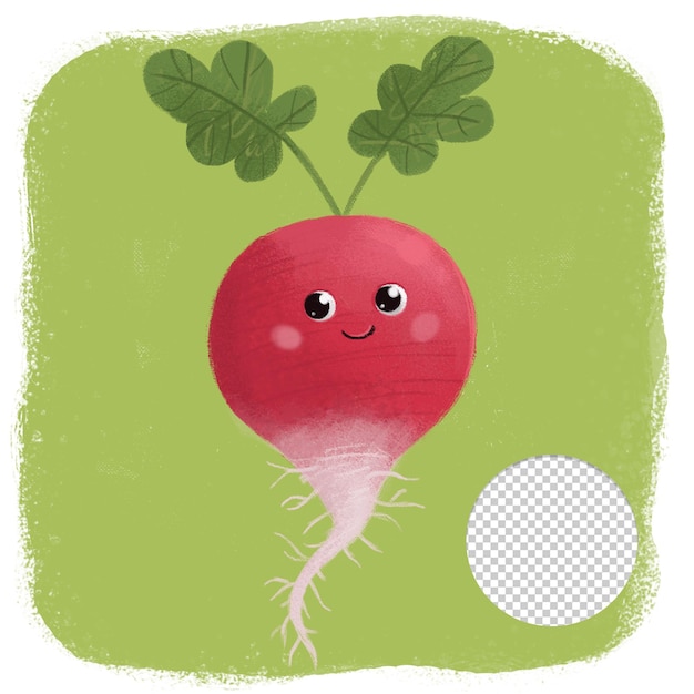 PSD cute radish with eyes on green background