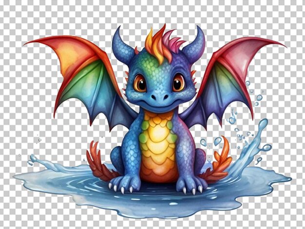 Cute rainbow baby little dragon sitting on splash of water