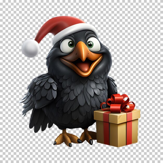 PSD cute raven character wearing santa hat transparent background