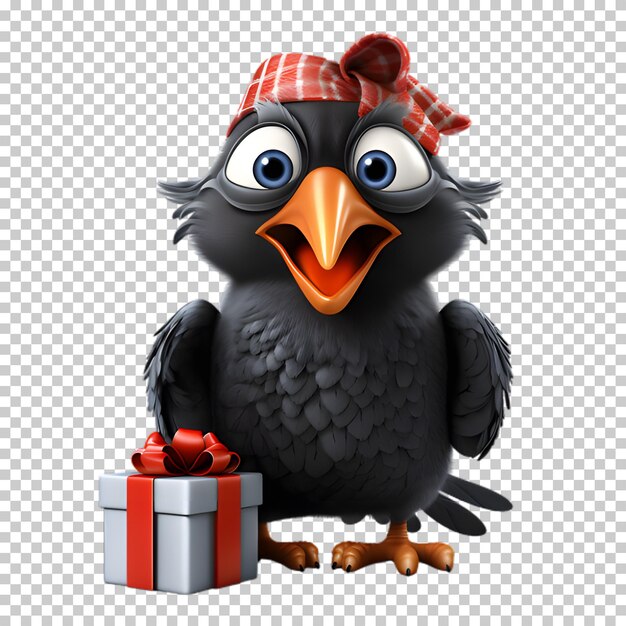 PSD cute raven character wearing santa hat transparent background