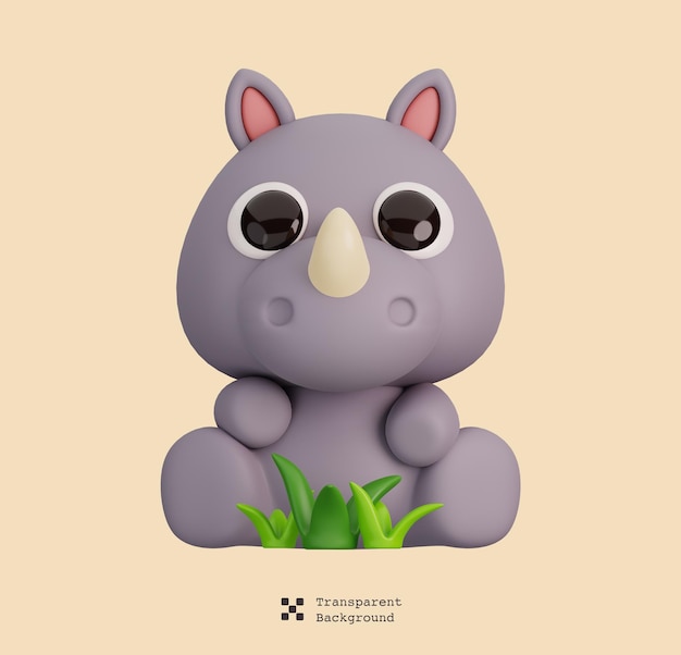 cute rhinoceros with grass isolated animals and food icon cartoon style concept 3d rendering