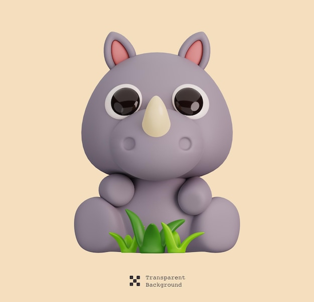 PSD cute rhinoceros with grass isolated animals and food icon cartoon style concept 3d rendering