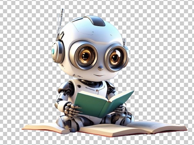 PSD Милый робот читает книгу сидя.