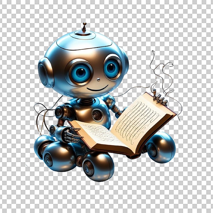 PSD cute robot reading a book isolated on a transparent background for tech designs