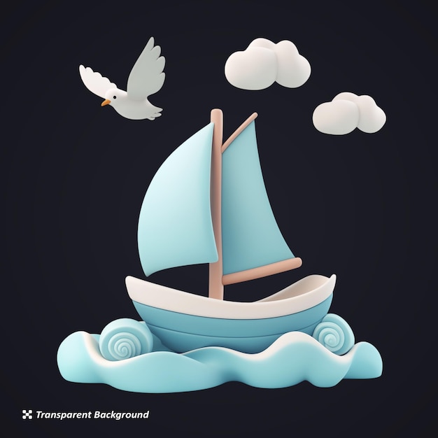 Cute Sailing Boat 3D icon on transparent background