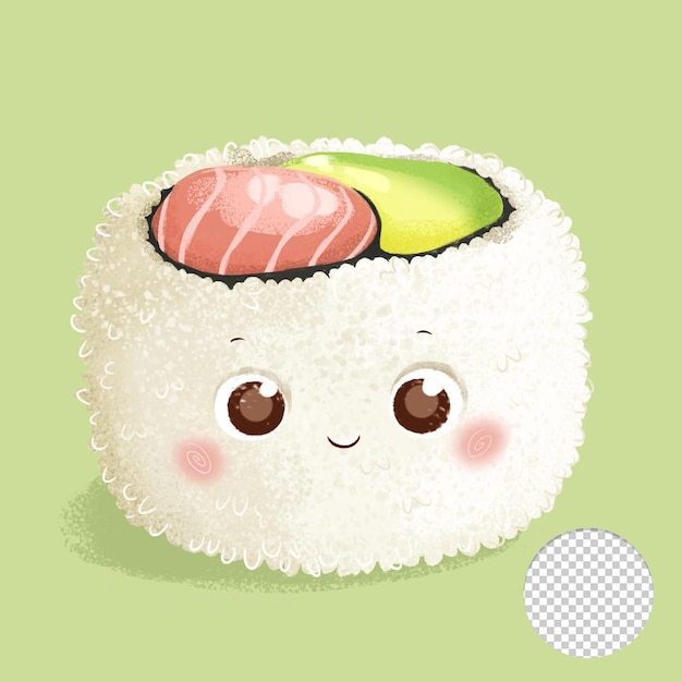 PSD cute salmon uramaki with eyes in green background