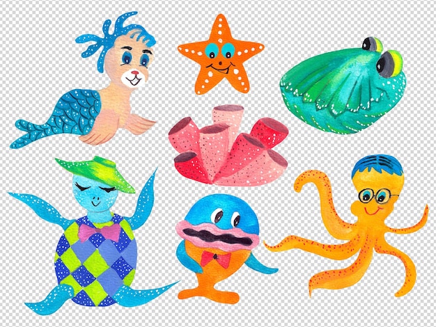 Cute sea animals cartoon illustration hand painting isolated elements