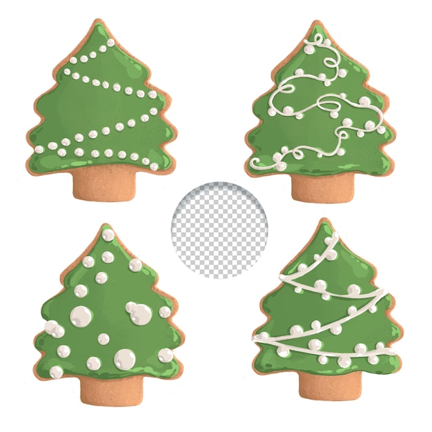 PSD carino set di quattro biscotti a forma di albero di natale in stile kawaii su sfondo bianco