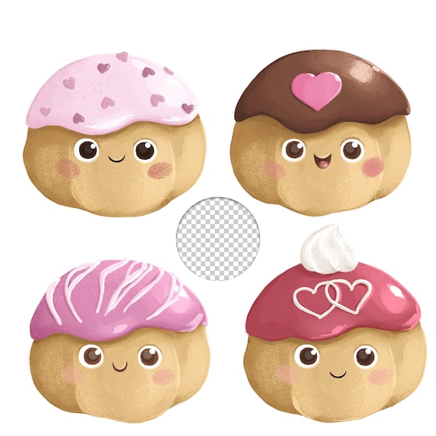 Cute set of four valentine cream puffs assorted  isolated on white background